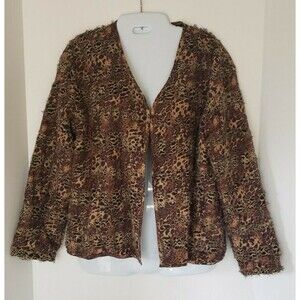 CHICO'S Women's sz 1 = M 100% Silk Jacket Open Front Frayed Edges Animal Print